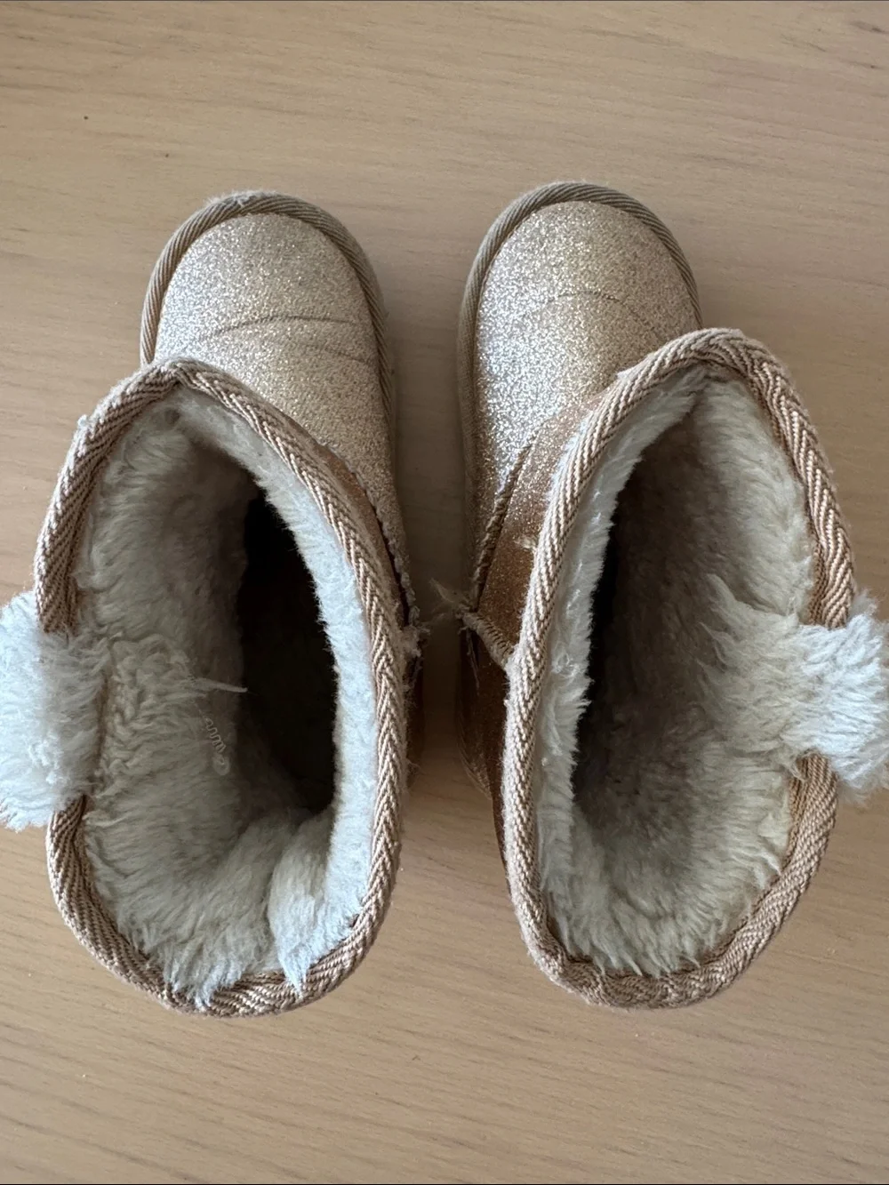 Kids Sparkle Tan golden Boots with Faux Fur Pom Poms
